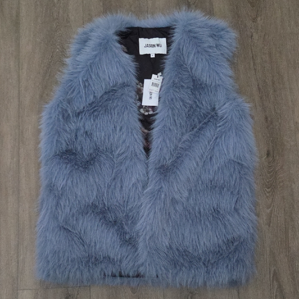 Jason Wu Soft Blue Faux Fur Vest With Floral Print Lining Woman Size S